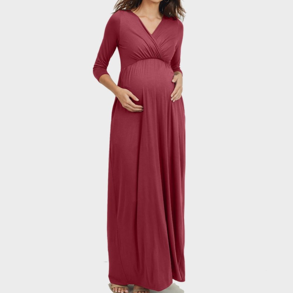 Hello Miz 3/4 Sleeve Surplice Maternity/Nursing Maxi Dress in Red Brown